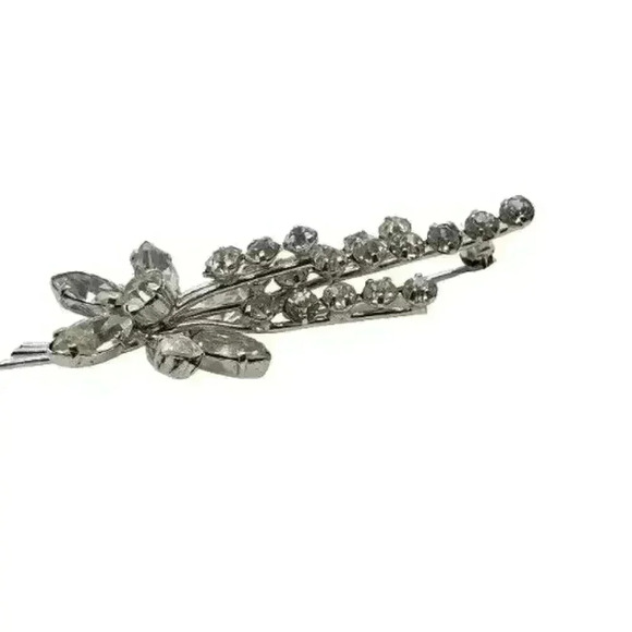 Vintage Clear Rhinestone Brooch Austria Long Stem Flower Spray Tall Layers - Picture 7 of 14